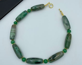 Green Agate Statement Necklace, Agate Necklace, Natural Agate Bead Necklace, Bold Necklace, Green Agate Jewelry, Handmade Jewelry |6