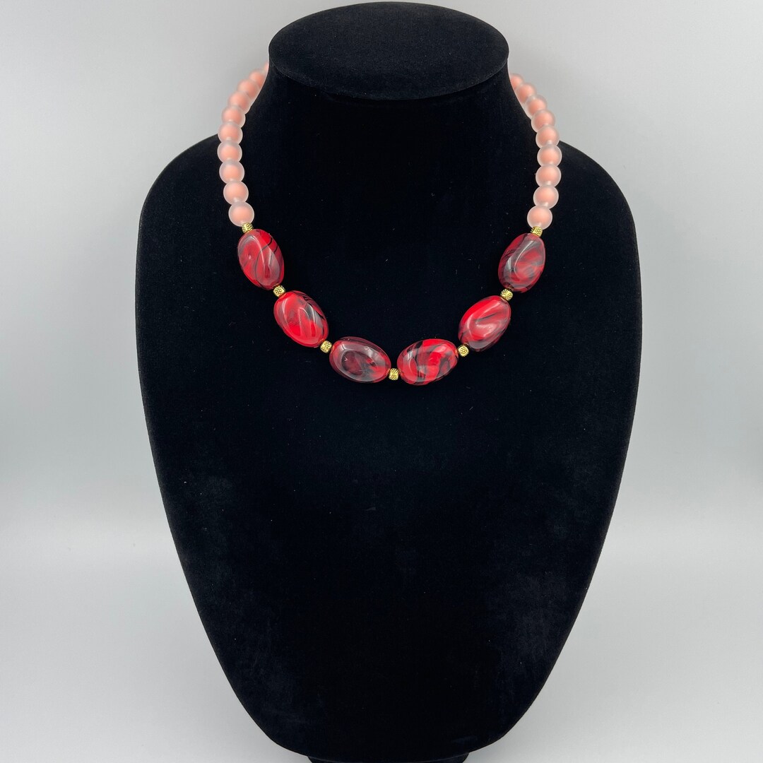 Red and Salmon Pink Statement Necklace Chunky Etsy