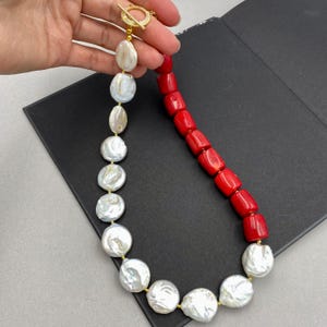 Red Coral and Baroque Pearl Statement Necklace, Bold Beaded Layered Jewelry, Birthday Gift, Grandma Gift, Mother of the Bride Jewelry