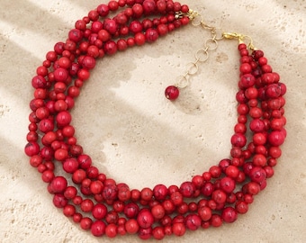 Collar llamativo de turquesa roja gruesa, collar de cuentas de múltiples hilos para mujer