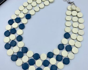 Ivory White and Prussian Blue Statement Necklace, Wood Necklace, Chunky Beaded Necklace, Multi Layer Statement Necklace, Handmade Gifts |14