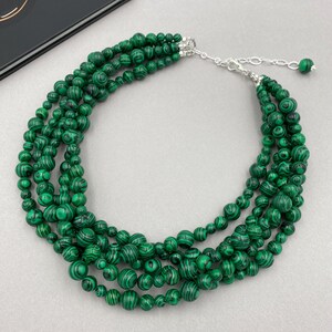 Chunky Green Beaded Statement Necklace, Multi Strand Malachite Jewelry, Gift for Mom Grandma |10
