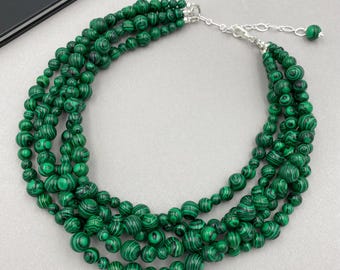 Chunky Green Malachite Necklace, Multi Strand Beaded Statement Jewelry, Gift for Mom or Grandma, Wedding or Birthday |10