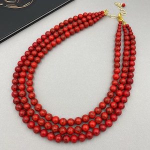 Red Turquoise Necklace, Chunky Multi Strand Beaded Jewelry, Bold Statement, Christmas Gift Idea, Holiday Party Fashion Look |10