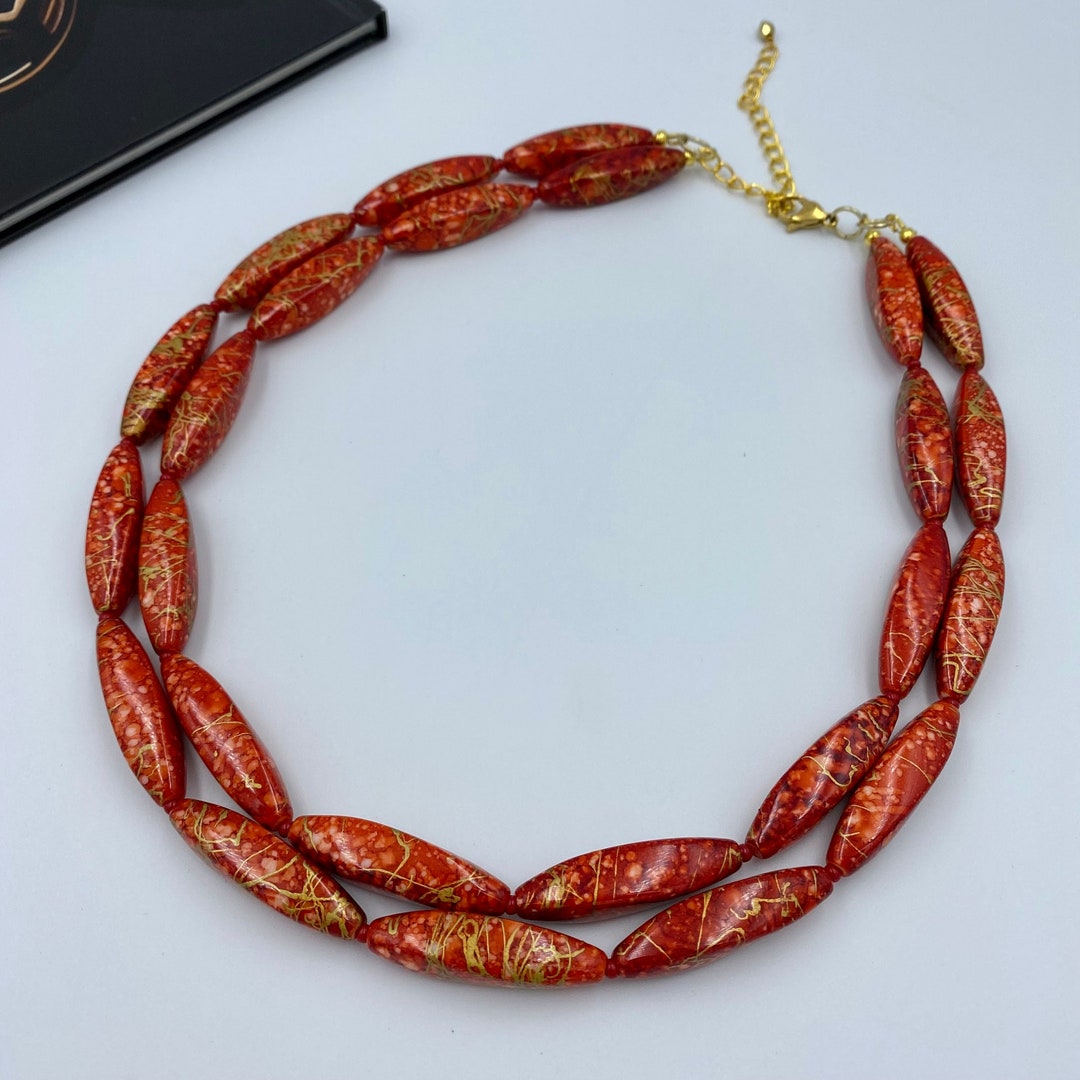 Crimson Red Layered Necklace Red Beaded Necklace Statement Etsy