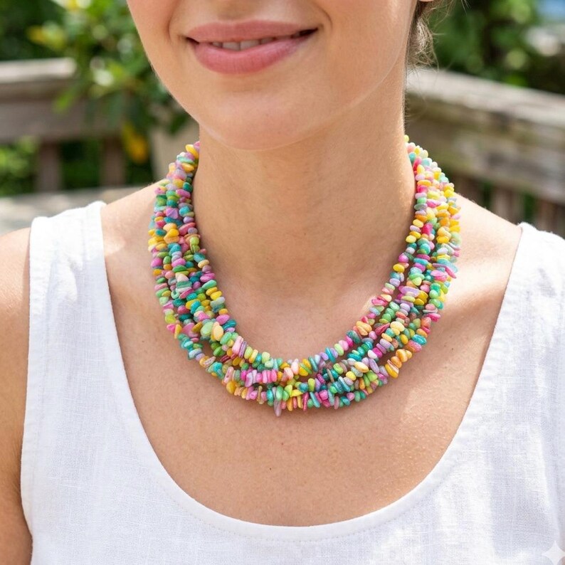 Colorful Shell Multi Strand Necklace, Chunky Rainbow Shell Beaded ...