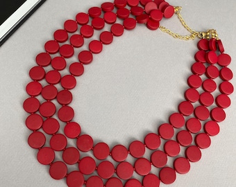 Deep Red Multi Layer Wood Statement, Bold Beaded Lightweight Wood Chunky Necklace, Gift For Her, Birthday Party, Event Jewelry Set |14