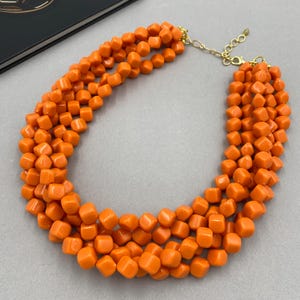 Chunky Orange Beaded Necklace, Multi Strand Statement, Bold Layered Jewelry, Resort Vacation Necklace |8