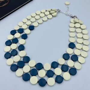 Ivory Blue Wood Necklace, Chunky Multi Layered Statement, Boho Wooden Jewelry, Gift for Her |14