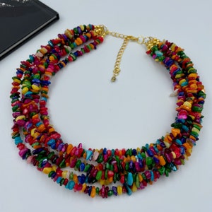 Multicolor Shell Chips Statement Necklace, Colorful Chunky Necklace, Beaded Necklace, Multi Strand Statement Necklace, Summer Necklace |10