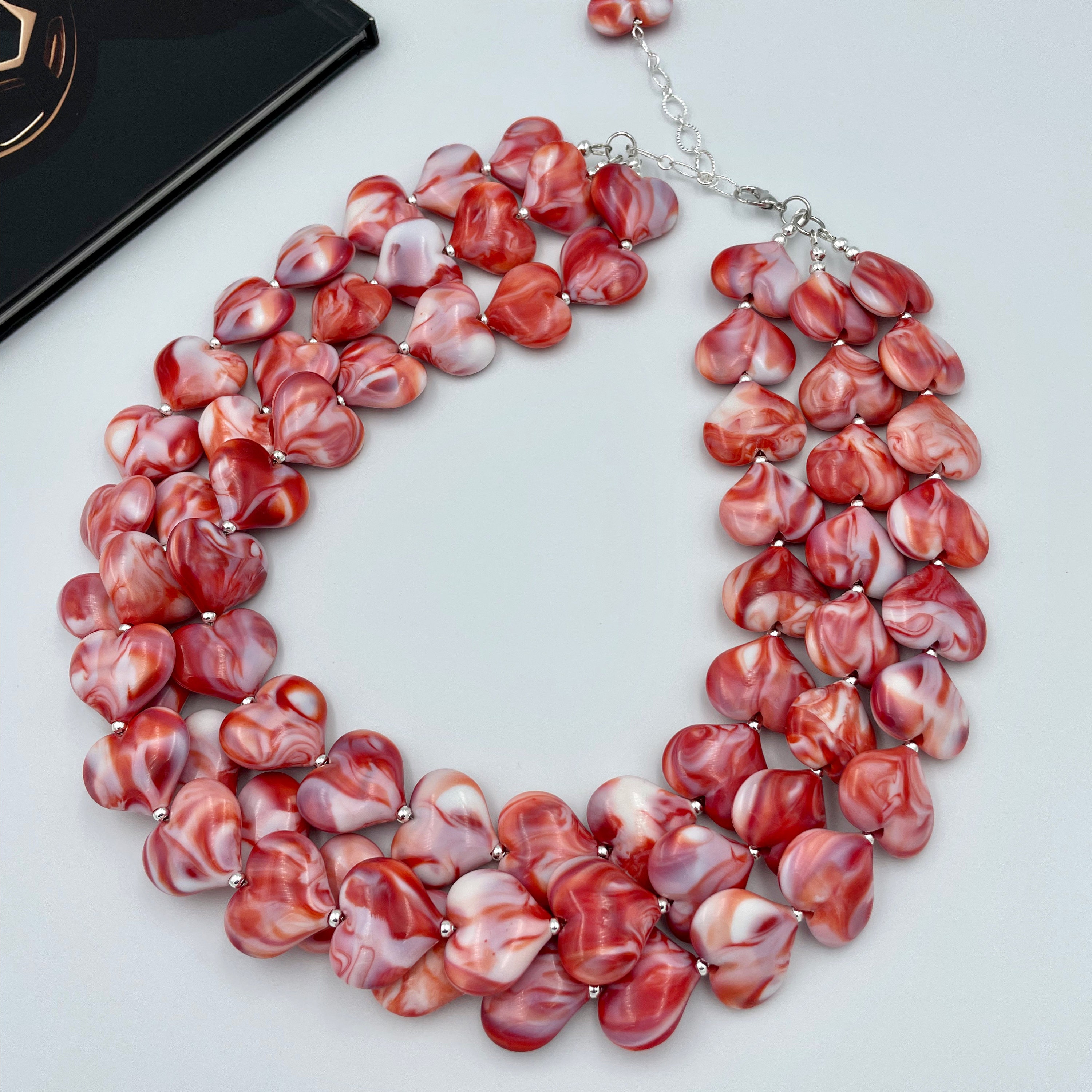 Red White Heart Statement Necklace Red Chunky Necklace Red Etsy