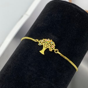 Gold Tree of Life Charm with Colorful Gemstones, Adjustable Tree of Life Bracelet, Gift for Her or Wife, Birthday or Everyday Jewelry