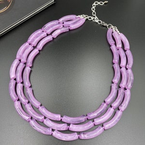 Purple Chunky Multi Strand Necklace, Acrylic Beaded Statement Choker, Bold Layered Gift for Her, Beach Wedding, Summer Party Jewelry |8