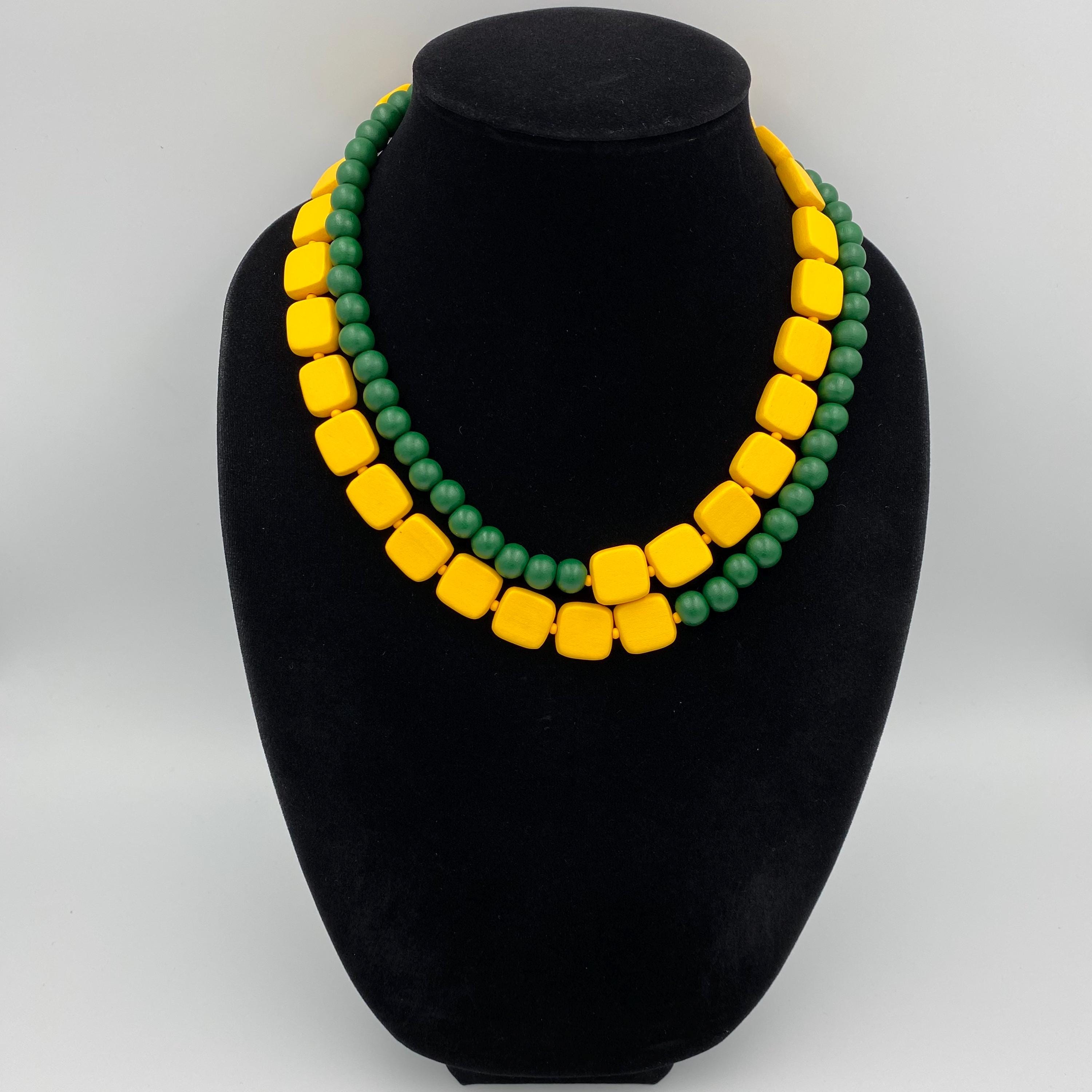 Yellow Green Wood Bead Necklace, Bold Double Layer Statement Jewelry |9