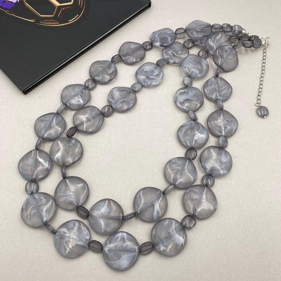 Long Gray Double Strand Necklace, Bold Chunky Clear Beaded