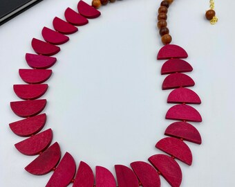 Deep Red and Brown Long Wood Necklace, Chunky Bold Wood Beaded Layered Statement, Everyday Wear, Grandma Gift, Birthday Party, Events |14