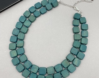 Teal Green Wood Double Strand Necklace, Bold Beaded Layered Statement Jewelry, Gift for Her, Birthday Party, Everyday Wear, Holiday Gift |9