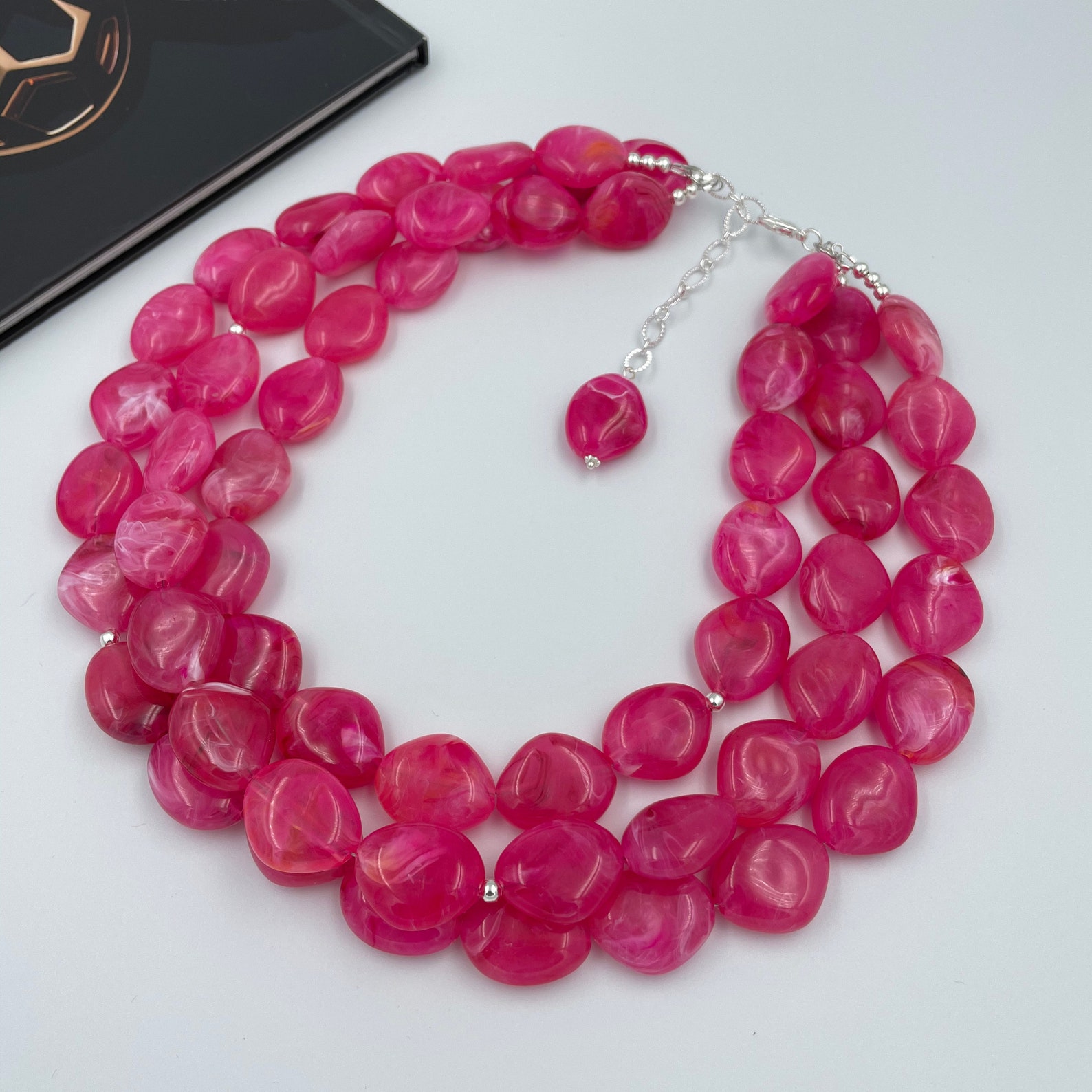 Hot Pink Layered Necklace Pink Chunky Necklace Cerise Pink Etsy