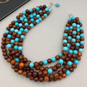 Wood and Turquoise Multi Strand Necklace, Chunky Boho Beaded Statement Jewelry, Gift for Her |14