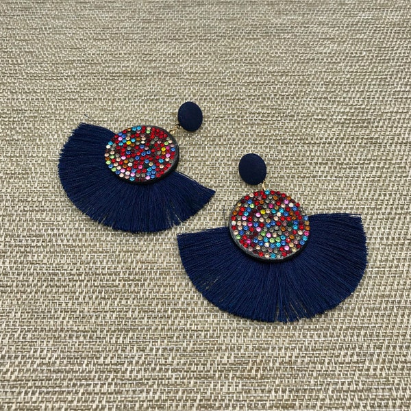 Navy Blue Tassel Earrings, Statement Earrings, Blue Boho Earrings, Tassel Stud Earrings, Confetti Earrings, Blue Rainbow Earrings