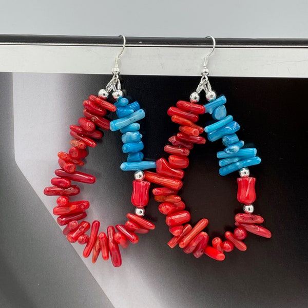 Coral Bead Earrings, Coral Hoop Earrings, Red Blue Hoop Earrings, Red Hoop Earrings, Chunky Earrings, Boho Dangle Earrings, Summer Earrings