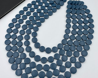 Prussian Blue Wood Beaded Necklace, Chunky Multi Strand Statement Jewelry, Bold Bib Necklace, Fall Gift for Her, Holiday Party Necklace |14