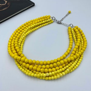 Yellow Turquoise Statement Necklace, Turquoise Chunky Necklace, Beaded Necklace, Multi Strand Chunky Yellow Necklace, Handmade Necklace |10