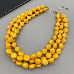 Mustard Yellow Statement Necklace, Chunky Beaded Multi Layered Jewelry, Gift for Her |1