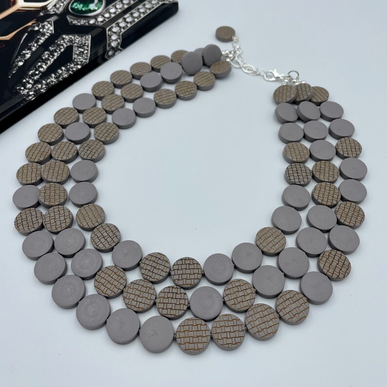 Wood Layered Necklace Wood Gray Bead Necklace Multi Strand Statement Gray Necklace Engraved Gray Necklace Painted Wood Statement Necklace