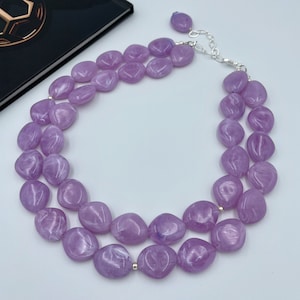 Purple Chunky Beaded Necklace, Bold Double Strand Lavender Statement, Gift for Women, Holiday Party Look, Coastal Wedding Jewelry |8