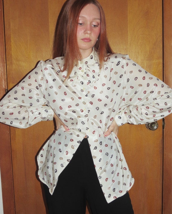 70s/80s vintage paisley bow button blouse - image 4