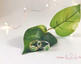 August Birthstone - Peridot - Handmade - Wire Wrapped - Light Green - Swarovski Crystal - Dainty Ring - Gold or Silver - Gift Ideas - Prom