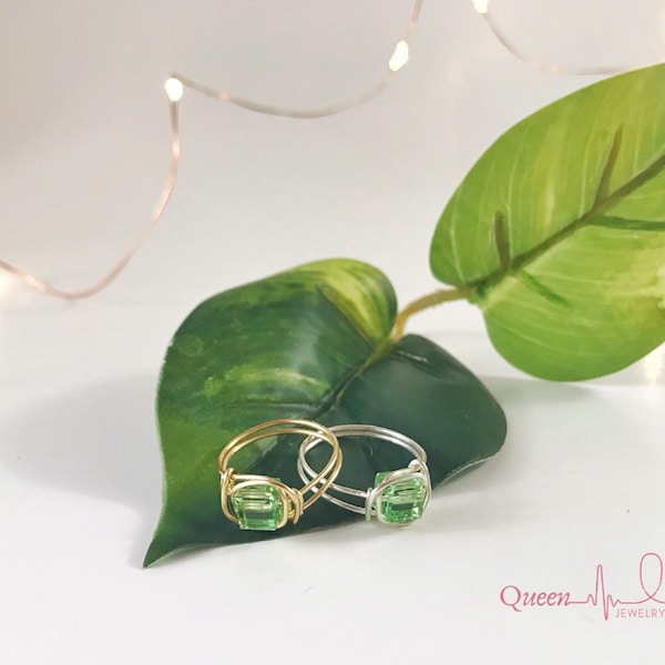 August Birthstone - Peridot - Handmade - Wire Wrapped - Light Green - Swarovski Crystal - Dainty Ring - Gold or Silver - Gift Ideas - Prom