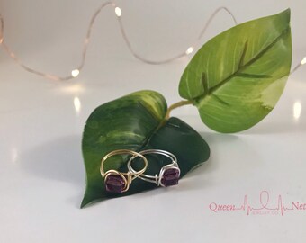 February Birthstone - Amethyst - Swarovski Crystals - Purple Stone - Handmade Wire Wrapped Ring - Gold or Silver Band- Birthday Month