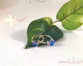 September Birthstone - Sapphire - Swarovski Crystal - Handmade - Wire Wrapped - Promise Ring - Royal Blue - Gold or Silver Wire - Small Gift