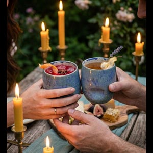 Puede incluir: Escena rom&aacute;ntica al aire libre con dos tazas de cer&aacute;mica azules llenas de bebidas, adornadas con frutas y hierbas. Velas encendidas y luces de cadena crean un ambiente c&aacute;lido. Una mesa de madera est&aacute; puesta con un camino de mesa turquesa, higos y miel.
