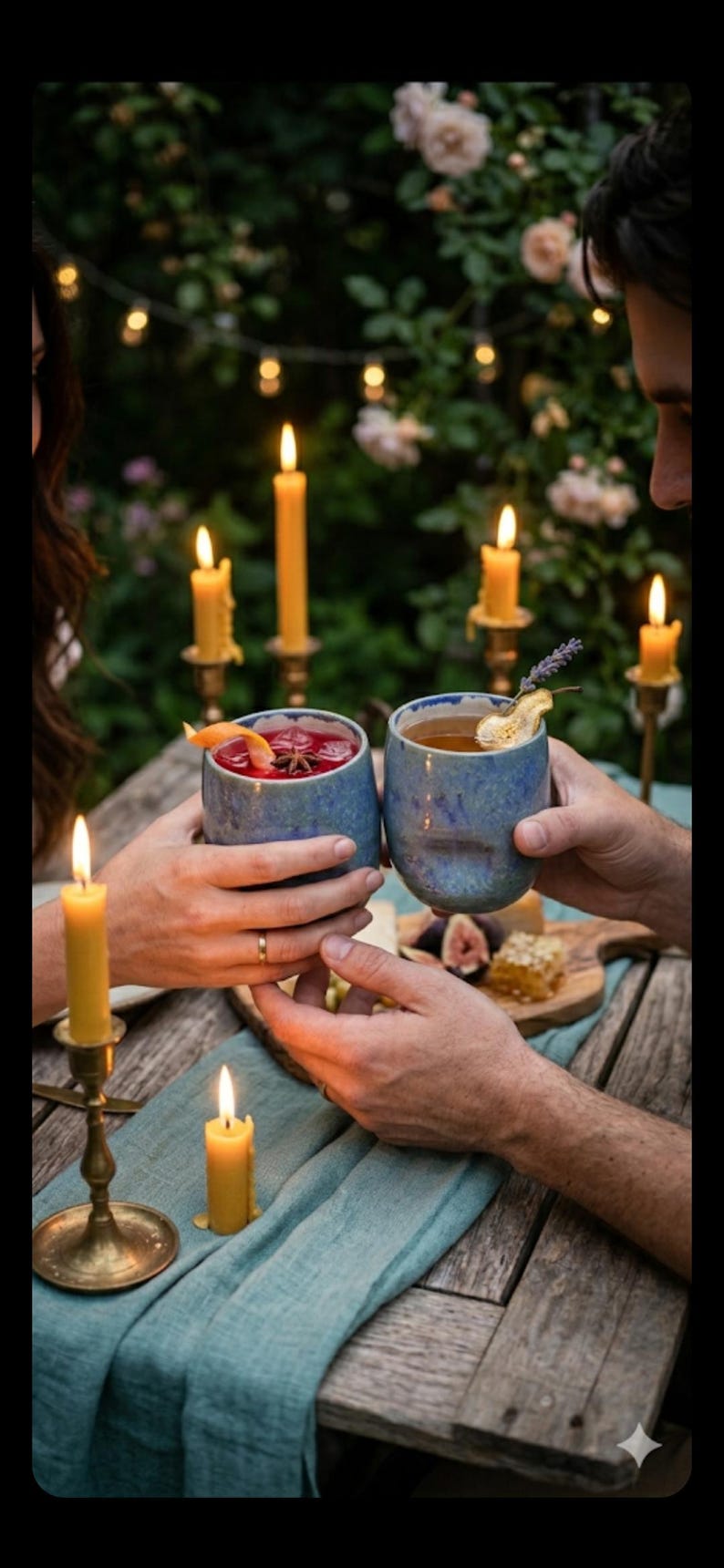 Puede incluir: Escena rom&aacute;ntica al aire libre con dos tazas de cer&aacute;mica azules llenas de bebidas, adornadas con frutas y hierbas. Velas encendidas y luces de cadena crean un ambiente c&aacute;lido. Una mesa de madera est&aacute; puesta con un camino de mesa turquesa, higos y miel.