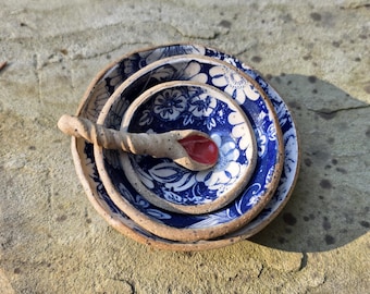 Handmade Ceramic Nesting Bowl Set with Tiny Spoon | Blue & White Floral Pinch Bowls | Rustic Pottery Salt Cellar, Ring Dish Set Housewarming