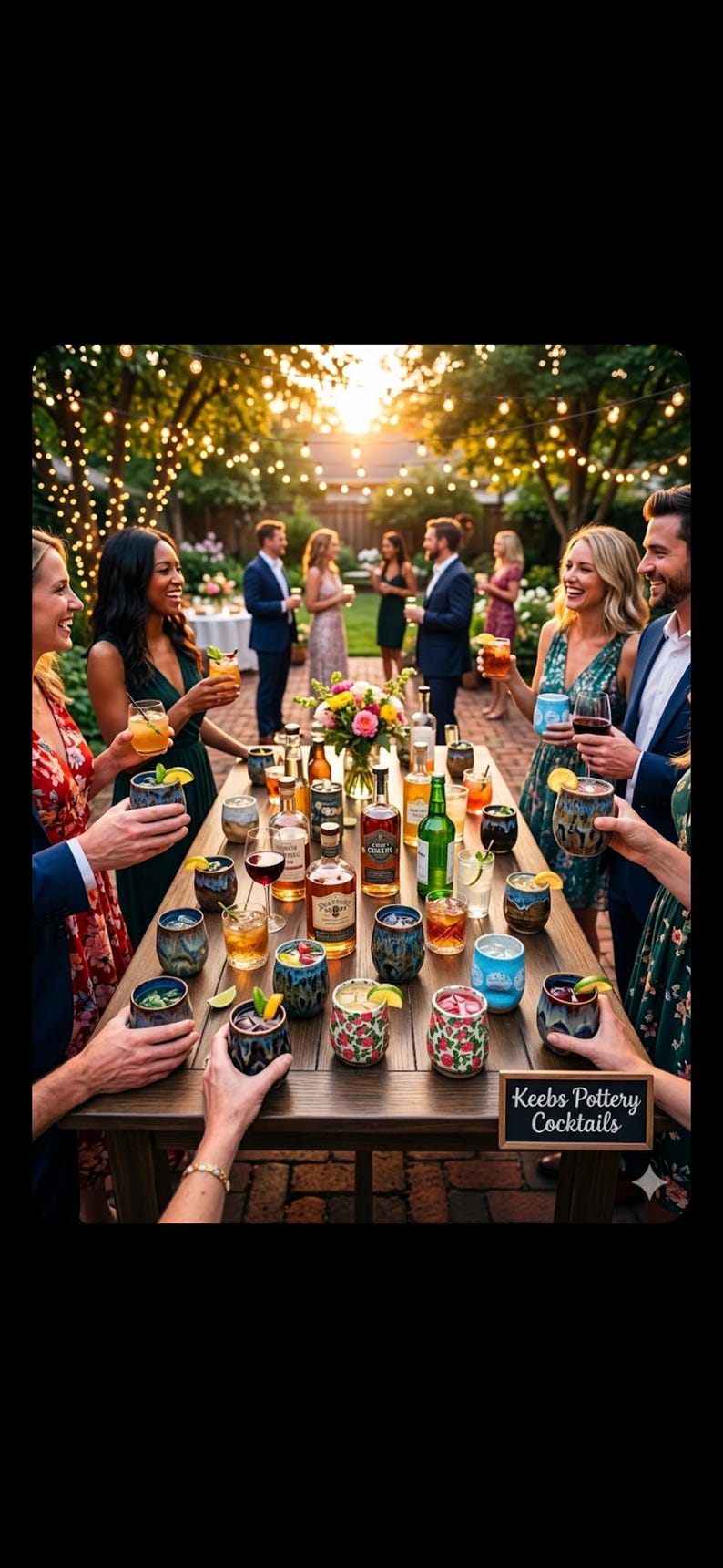 Puede incluir: Una reuni&oacute;n al aire libre con c&oacute;cteles y vasos de Keebs Pottery. Una mesa de madera exhibe varias bebidas y botellas, rodeada de personas que sostienen tazas de cer&aacute;mica coloridas. La escena est&aacute; ambientada al aire libre con luces de cadena y una puesta de sol.