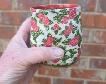 Vaso de gres rojo y rosa hecho a mano – Interior con esmalte rojo, cerámica con huella digital, 414 ml, copa de vino hecha a mano