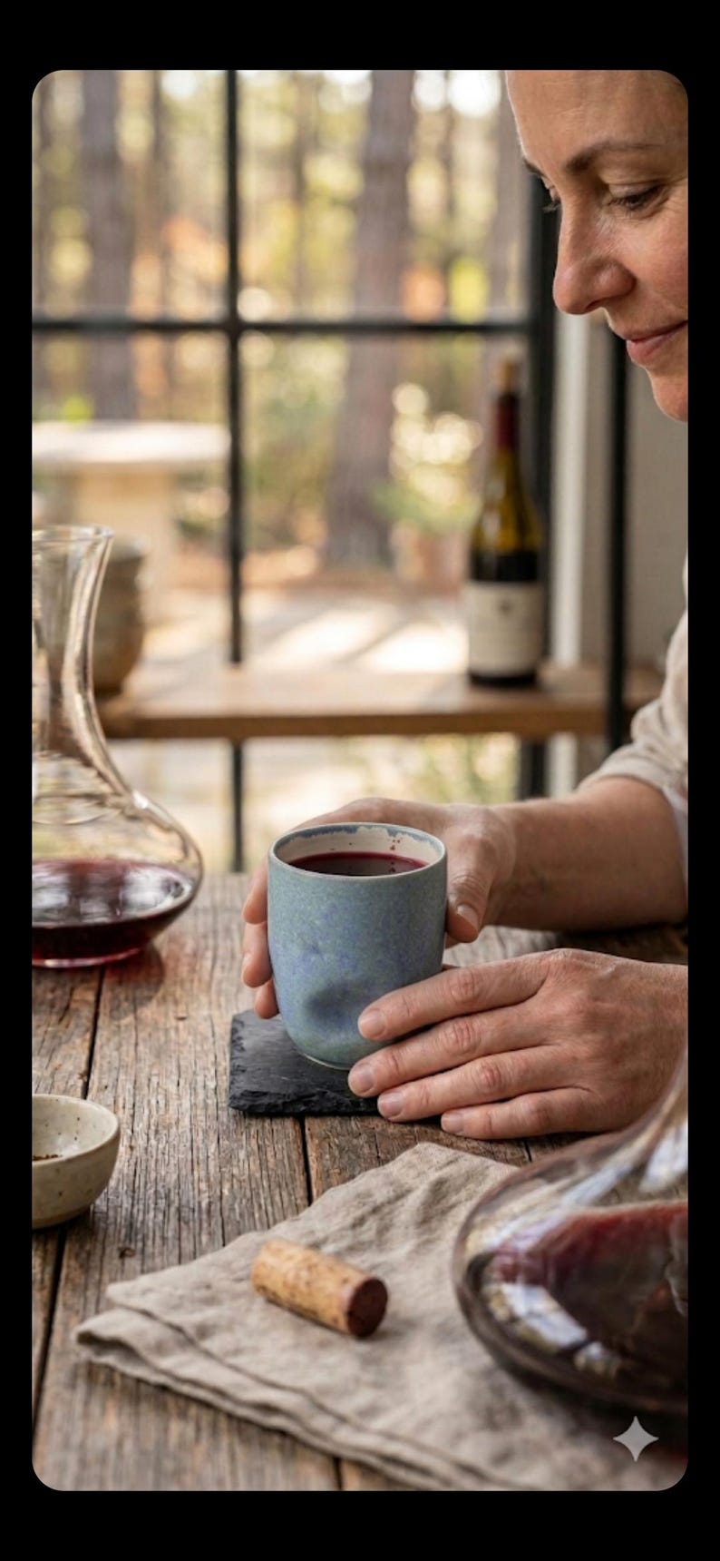 Puede incluir: Una persona sosteniendo una taza de cer&aacute;mica azul llena de l&iacute;quido rojo, probablemente vino, sobre una mesa de madera. Una jarra de vino y una botella de vino est&aacute;n en el fondo. Un corcho y un cuenco peque&ntilde;o tambi&eacute;n est&aacute;n sobre la mesa.