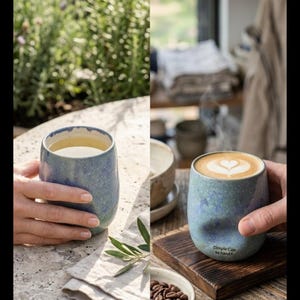 Puede incluir: Dos tazas de cer&aacute;mica azul moteada, una con t&eacute; y otra con arte latte, son sostenidas por manos. Las tazas est&aacute;n sobre una mesa con granos de caf&eacute; y un posavasos de madera. Las tazas tienen el texto "Dimple Cups by Hand".