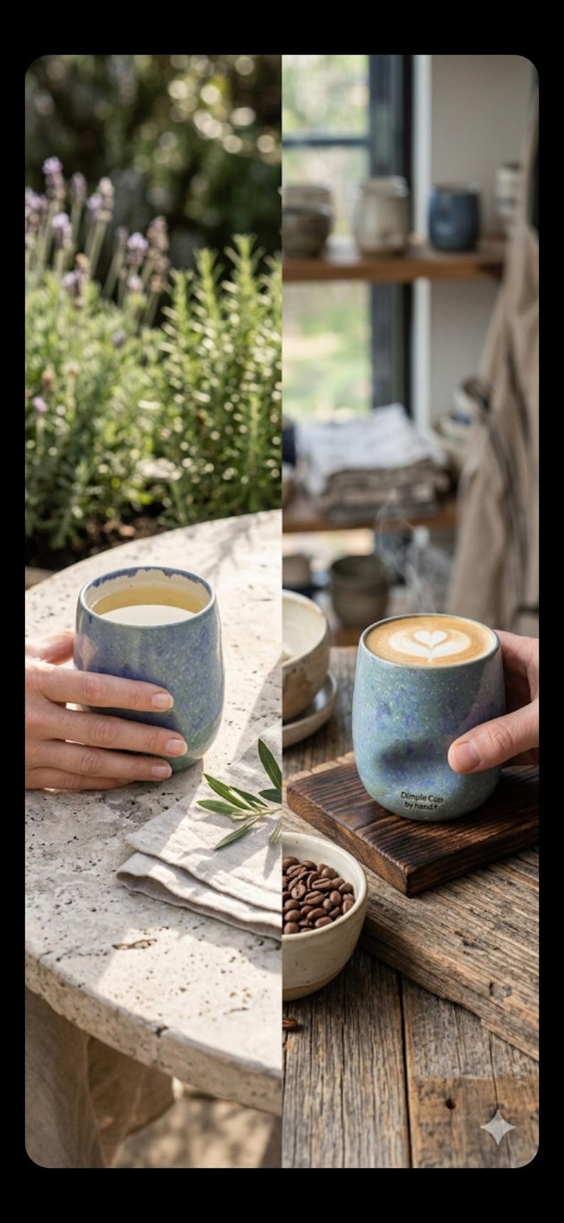 Puede incluir: Dos tazas de cer&aacute;mica azul moteada, una con t&eacute; y otra con arte latte, son sostenidas por manos. Las tazas est&aacute;n sobre una mesa con granos de caf&eacute; y un posavasos de madera. Las tazas tienen el texto "Dimple Cups by Hand".