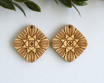 Mandala Leaf Diamond Wood Dangle Drop, Blanks, Supplies, Earring Blanks for Jewelry Makers