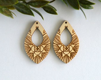 Oval Mandala Leaf Wood Dangle Drop, Supplies, Cutout Earring Resin Blanks for Jewelry Makers