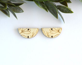 Half Circle Floral Engraved Wood Connector Earring Blanks