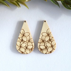 Hydrangea Wood Earring Blanks, Floral Wood Dangle Drop, Jewelry Making Supplies, Teardrop Earring Blanks for Jewelry Makers