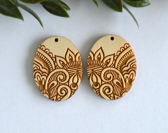 Oval Mandala Engraved Wood Dangle Drop, Blanks, Supplies, Earring Blanks for Jewelry Makers