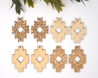 Laser Engraved Wood Earring Blanks: Aztec Geometric Floral Jewelry Supplies