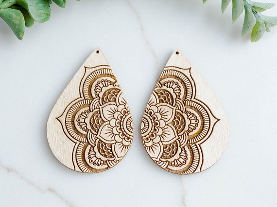 Mandala Teardrop Wood Earring Blanks: 1.75 inch Jewelry Supplies
